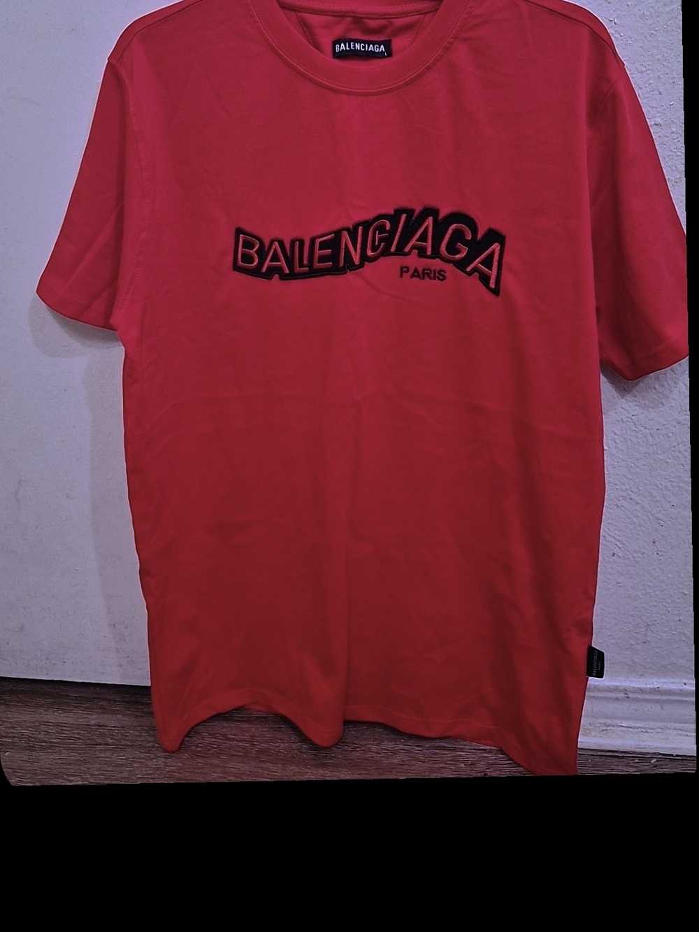 Balenciaga Red Crewneck Logo Tee with Black Embroidery